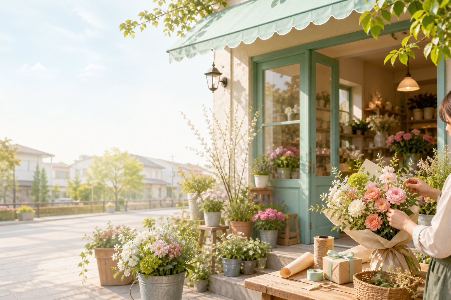 朝の光が入る小さな花屋の店先と花束