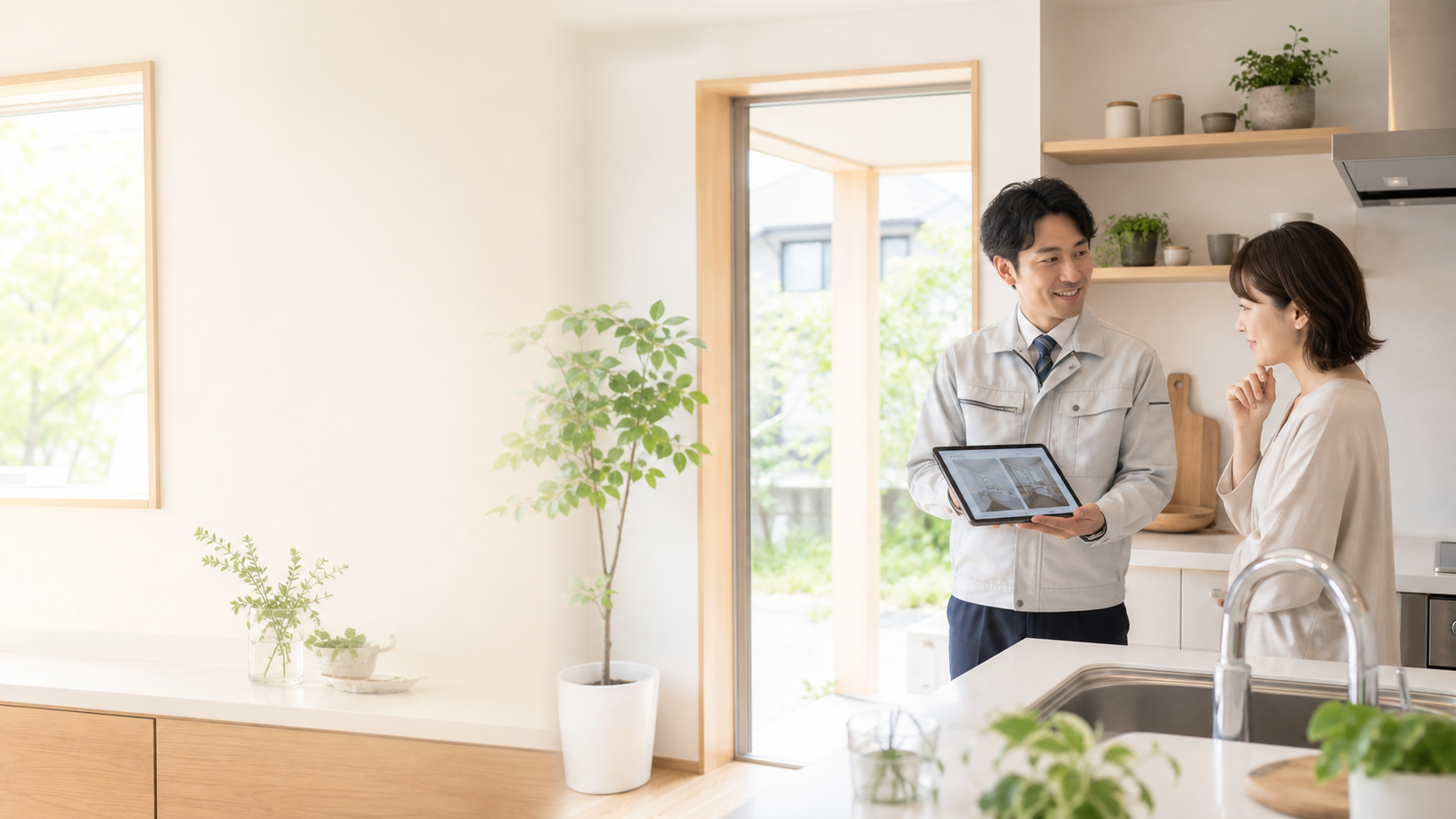 明るいキッチンでスタッフが住まいの相談を受けている様子
