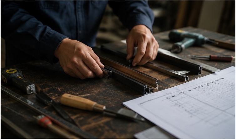 図面と工具の上で部材を扱う職人の手元