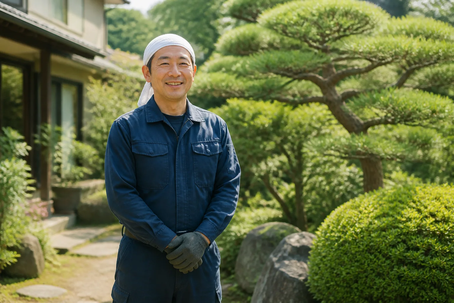 庭で笑顔で立つ造園職人