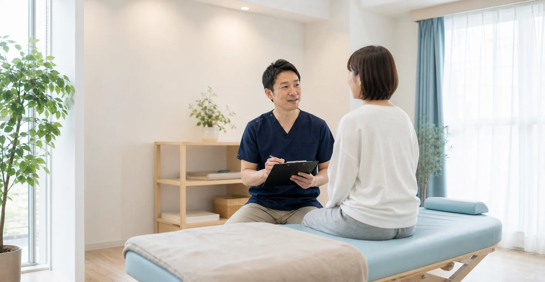 清潔感のある整体院で施術者が来院者の話を聞いている様子