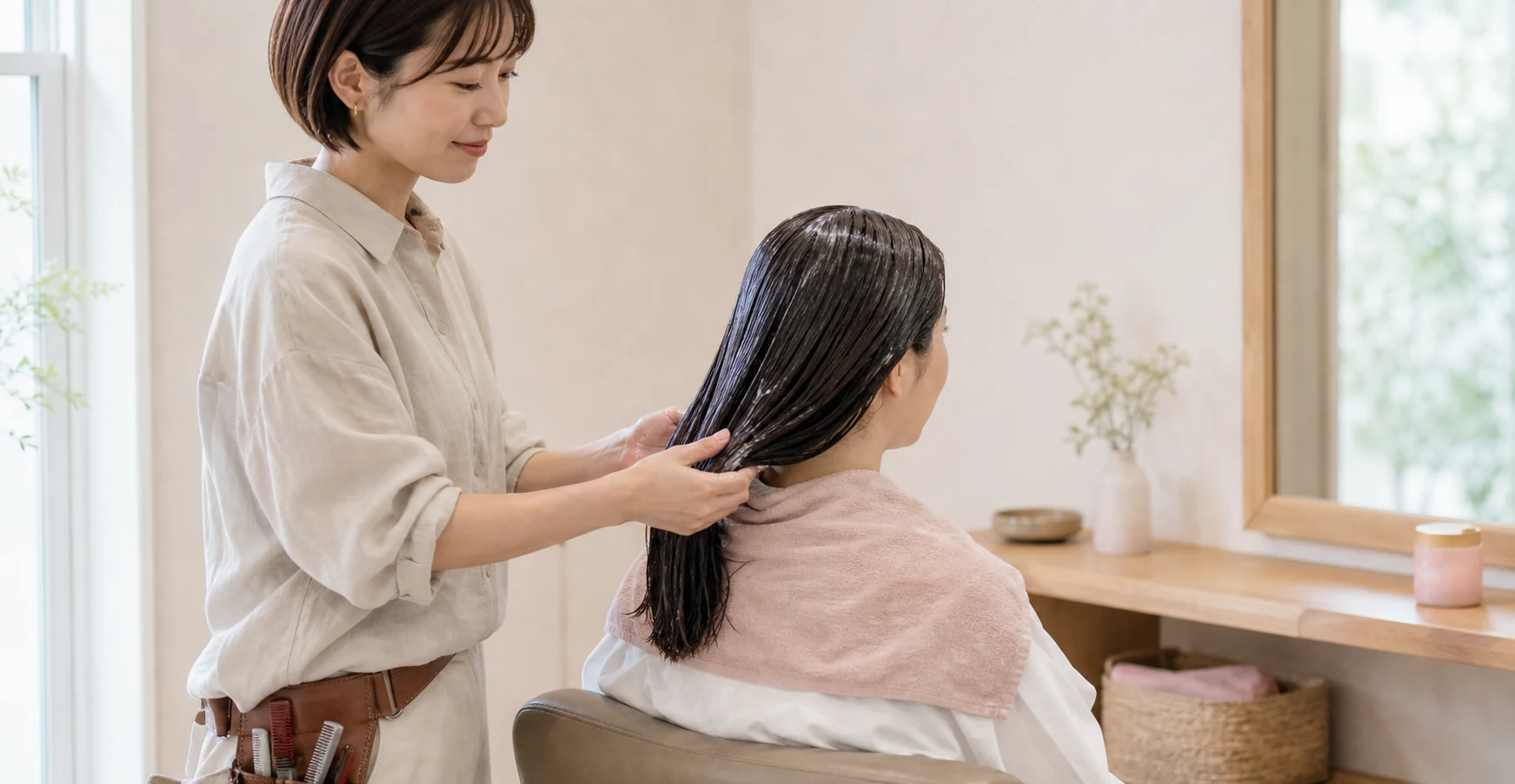 女性スタイリストが髪にトリートメントをなじませる様子