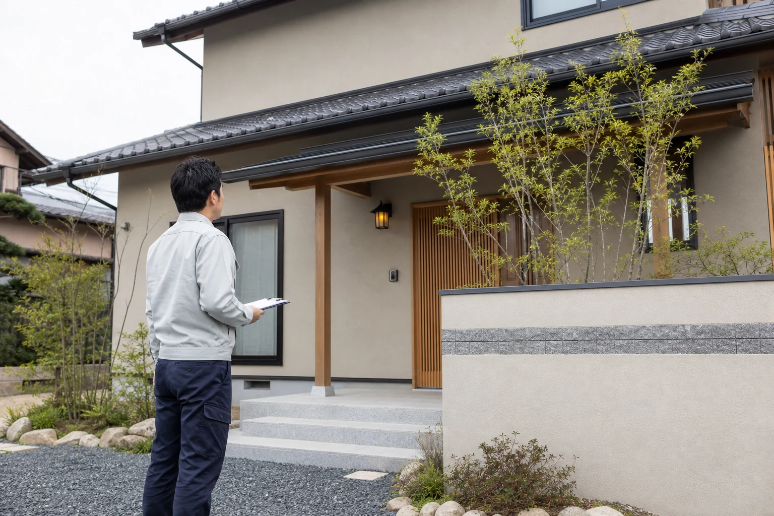 住宅の外まわりを点検するスタッフ