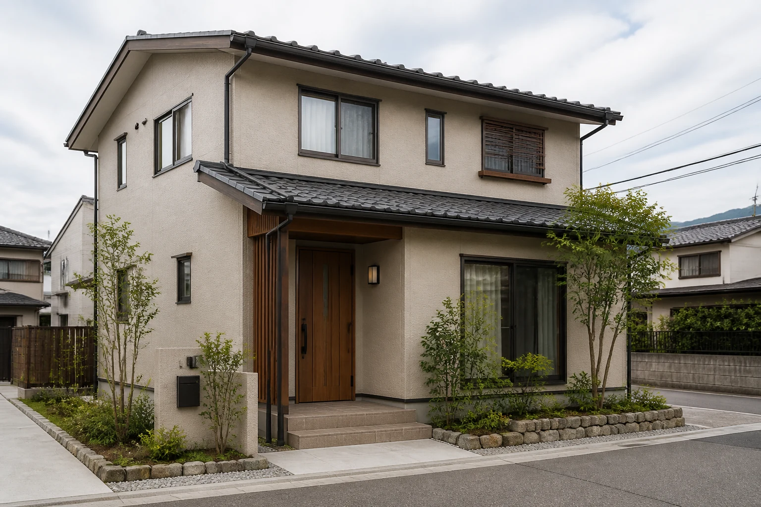 瓦屋根と塗り壁を活かした住宅外観