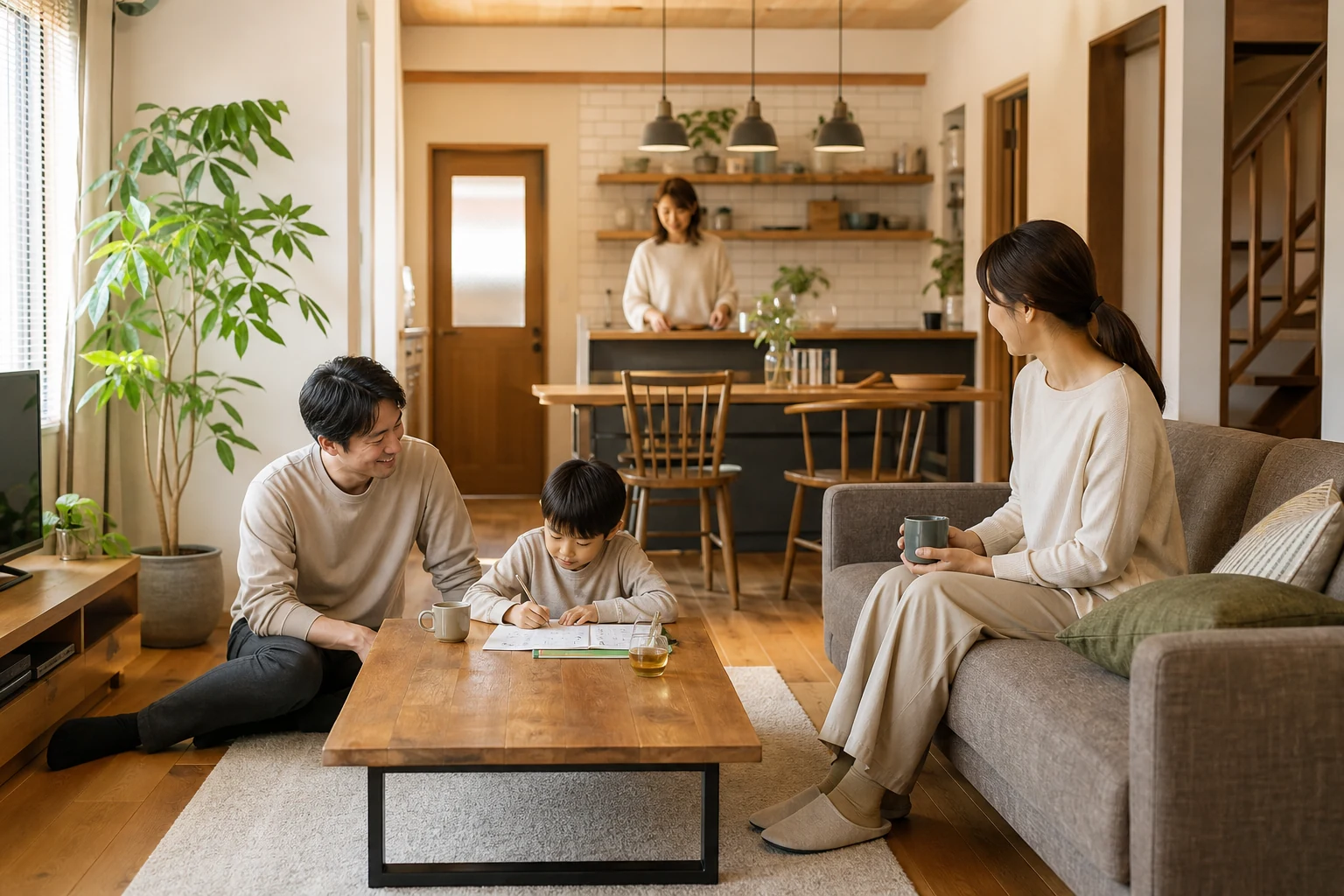 明るいリビングで家族がくつろぐ様子