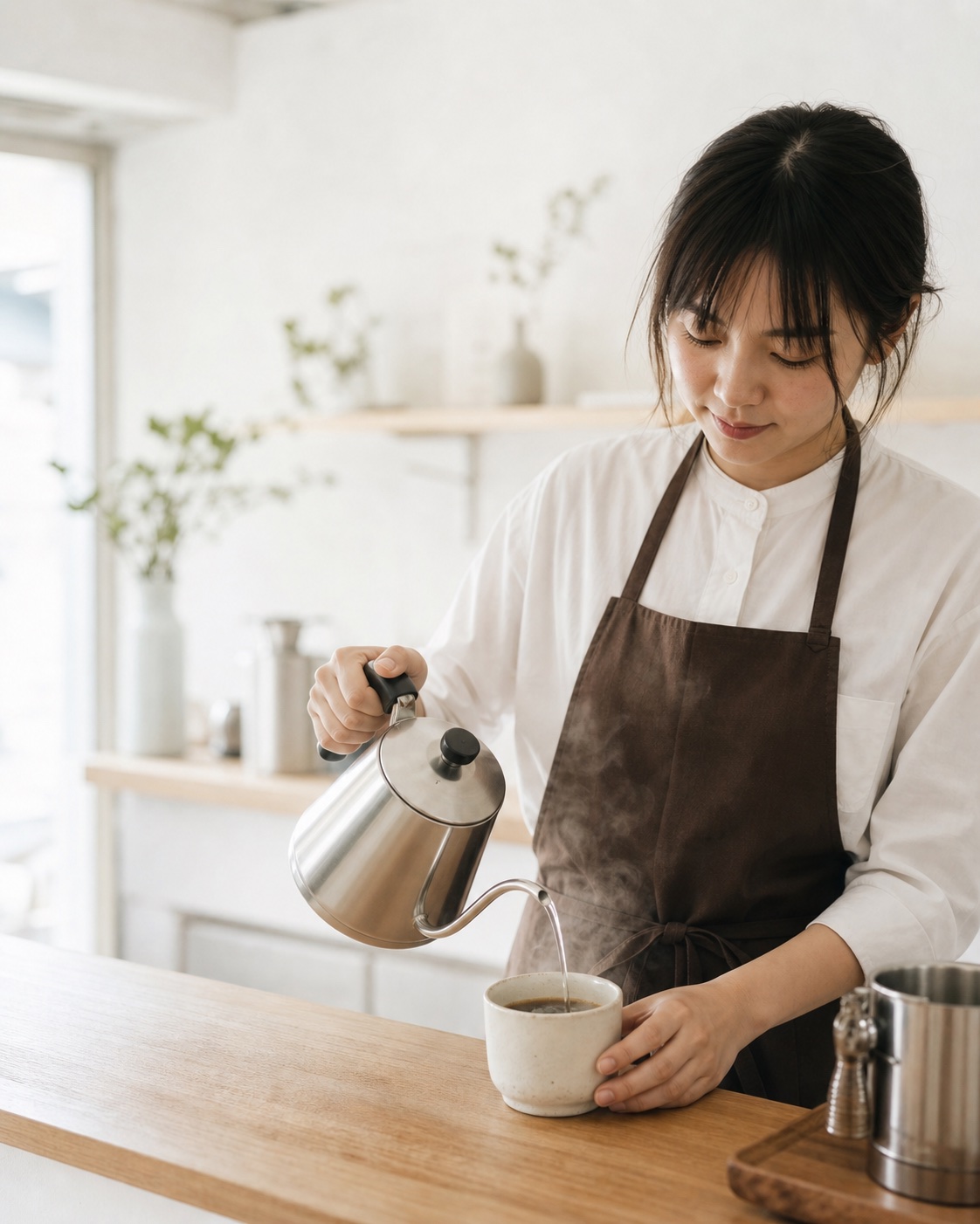 明るい店内でコーヒーを注ぐ店主