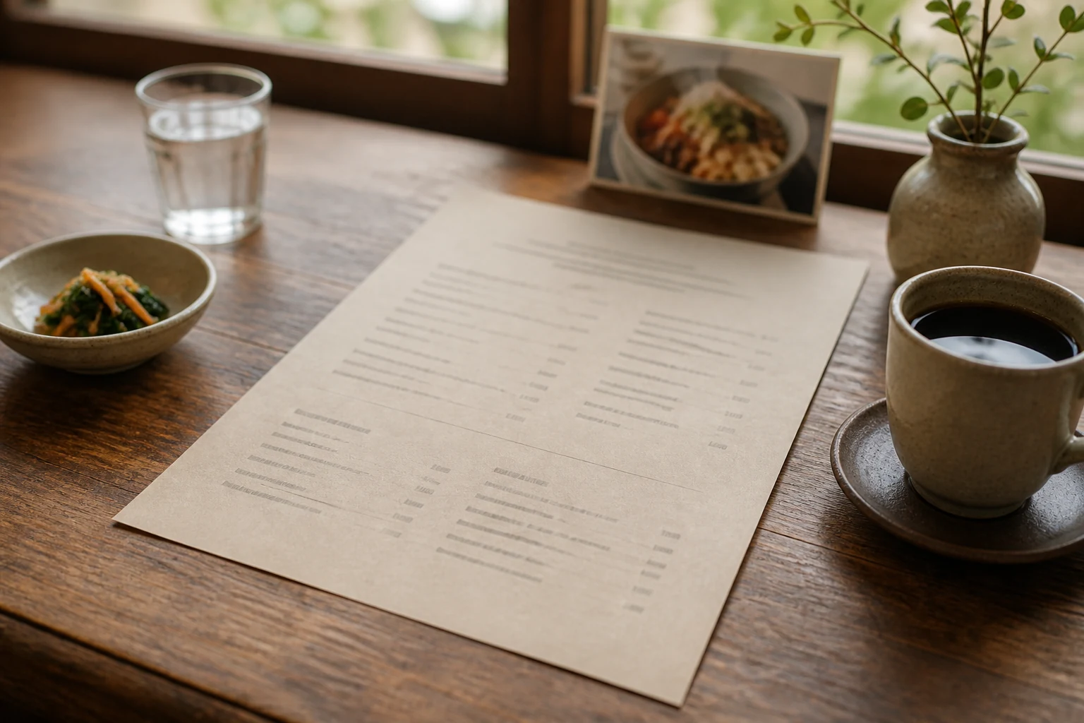 木のテーブルに置かれたメニューとコーヒー