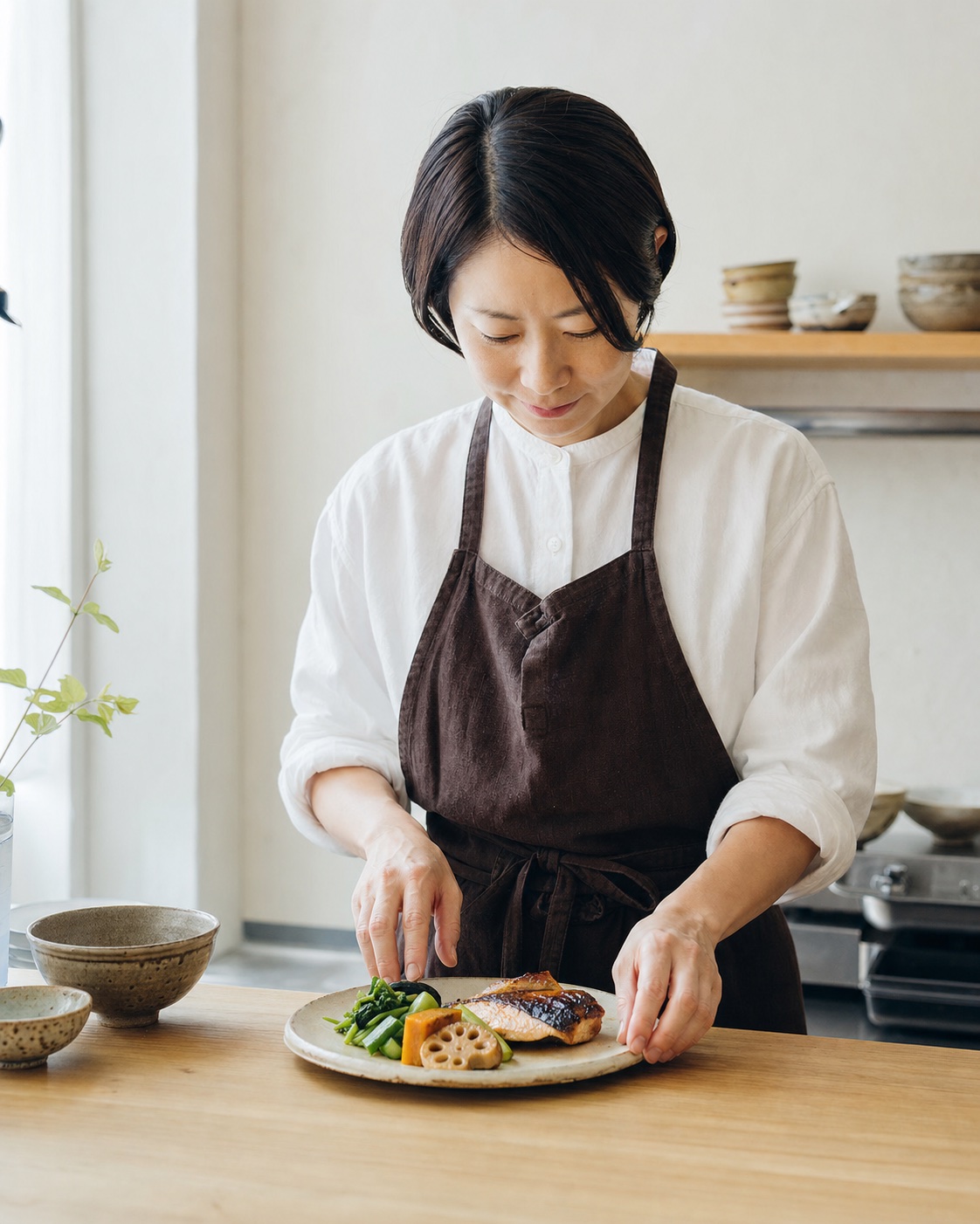 店主が季節の料理を盛り付ける様子