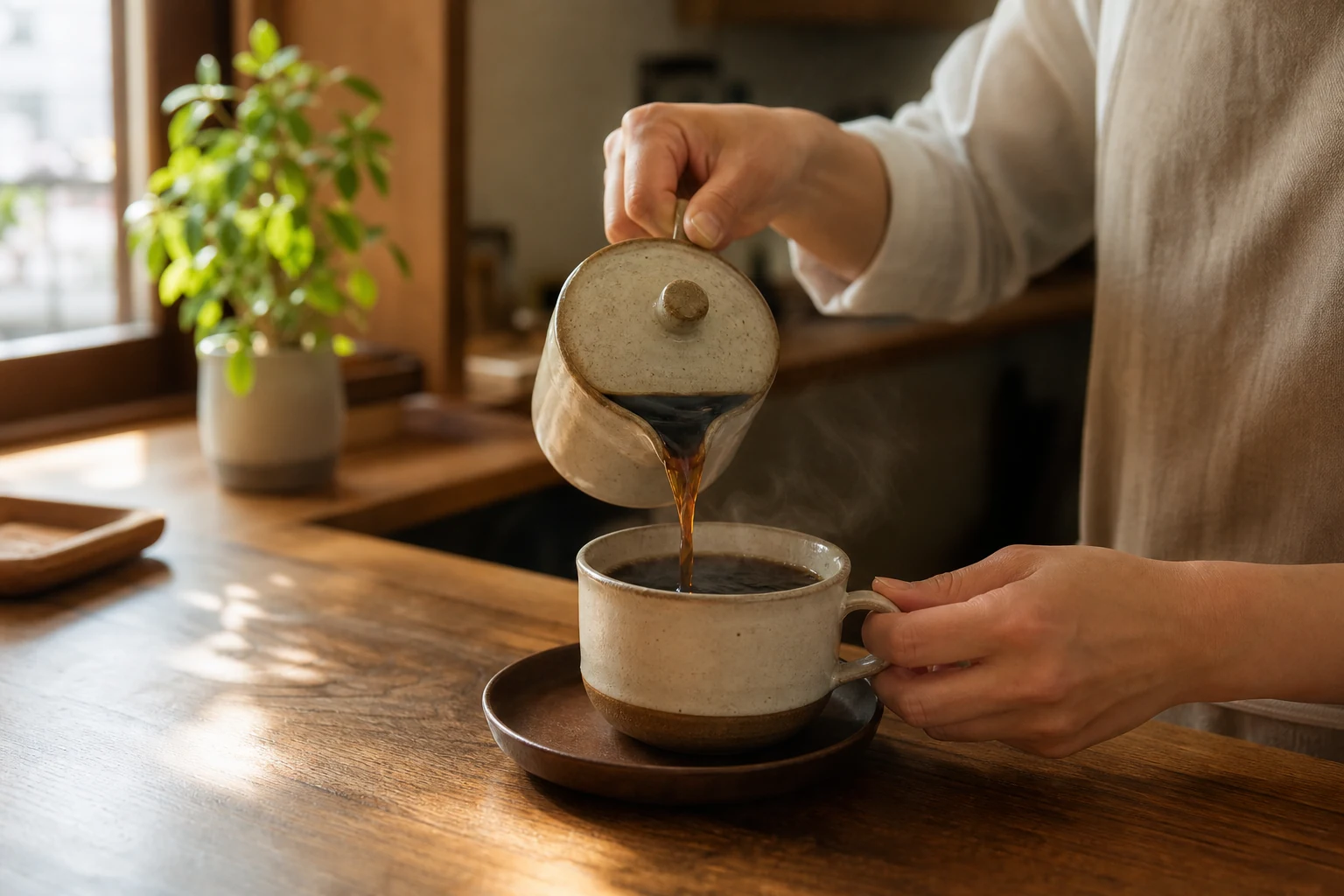 木のカウンターでコーヒーを丁寧に淹れる様子