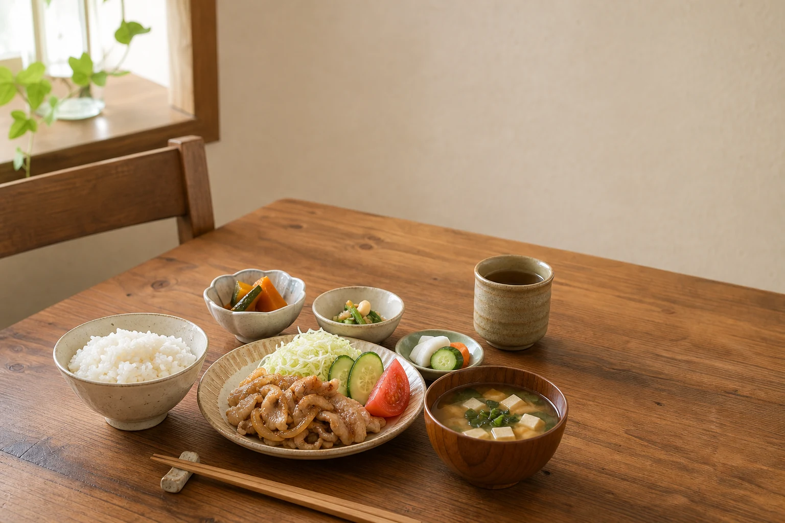 生姜焼きと小鉢、ごはん、味噌汁が並ぶ定食
