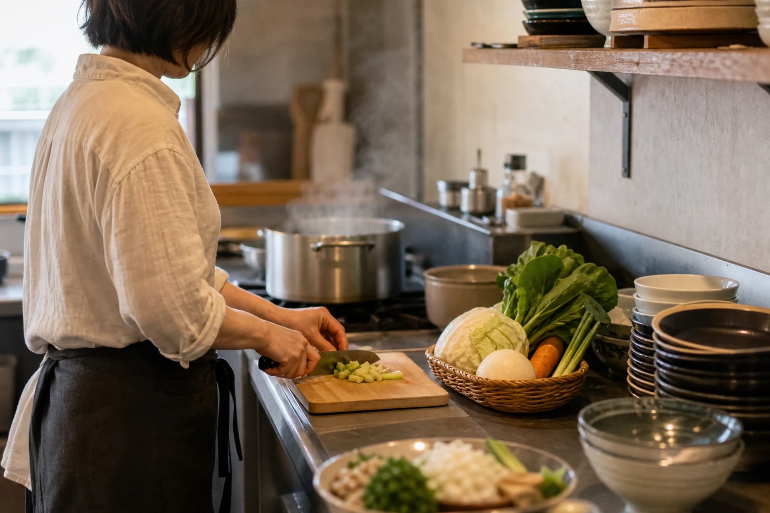 厨房で野菜を仕込む店主の手元