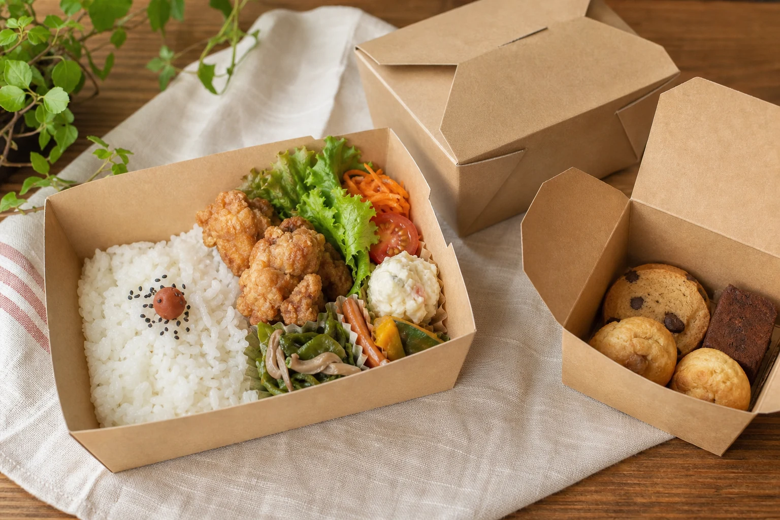 クラフト紙の箱に入った弁当と焼き菓子