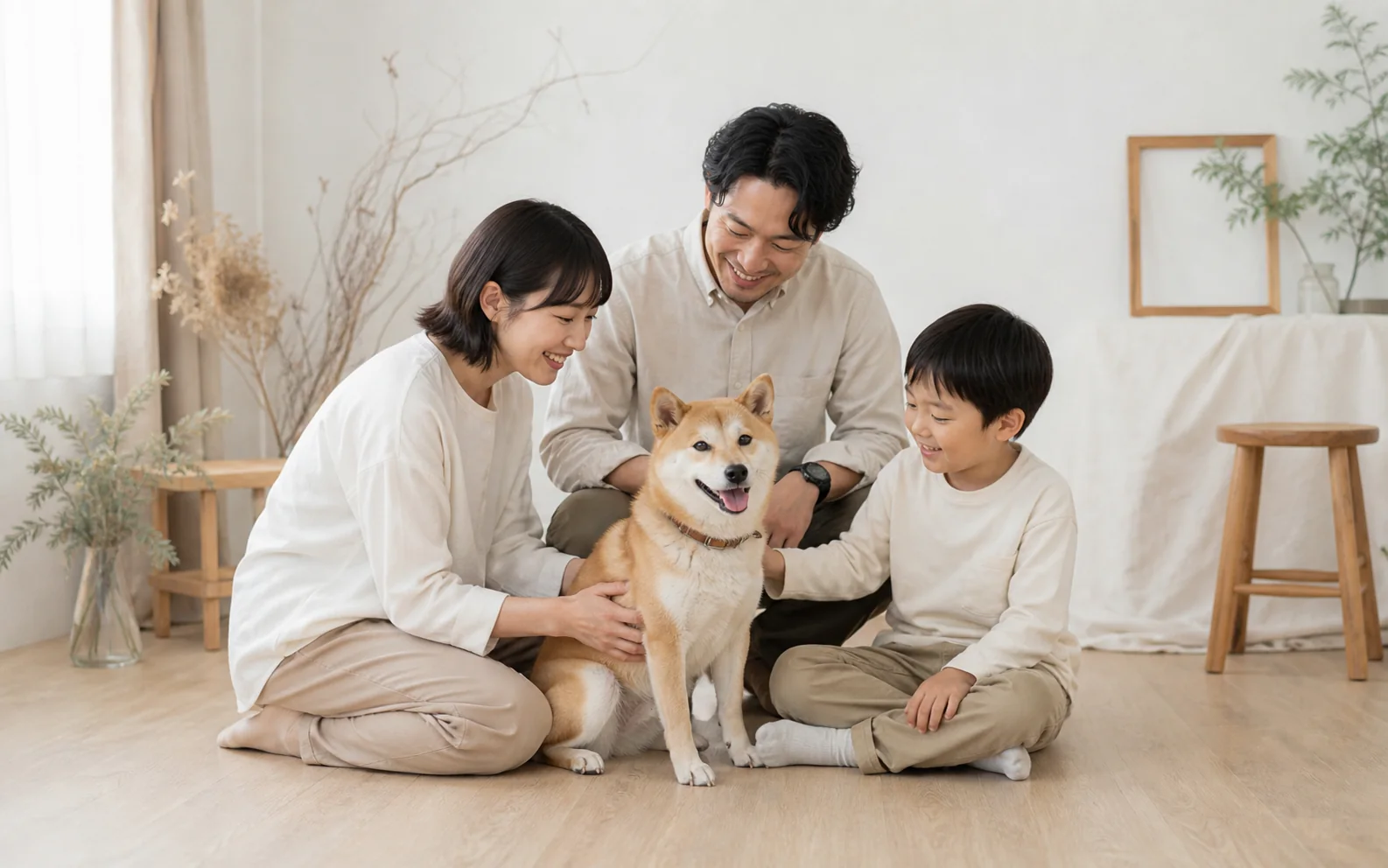 愛犬を囲んで笑う家族