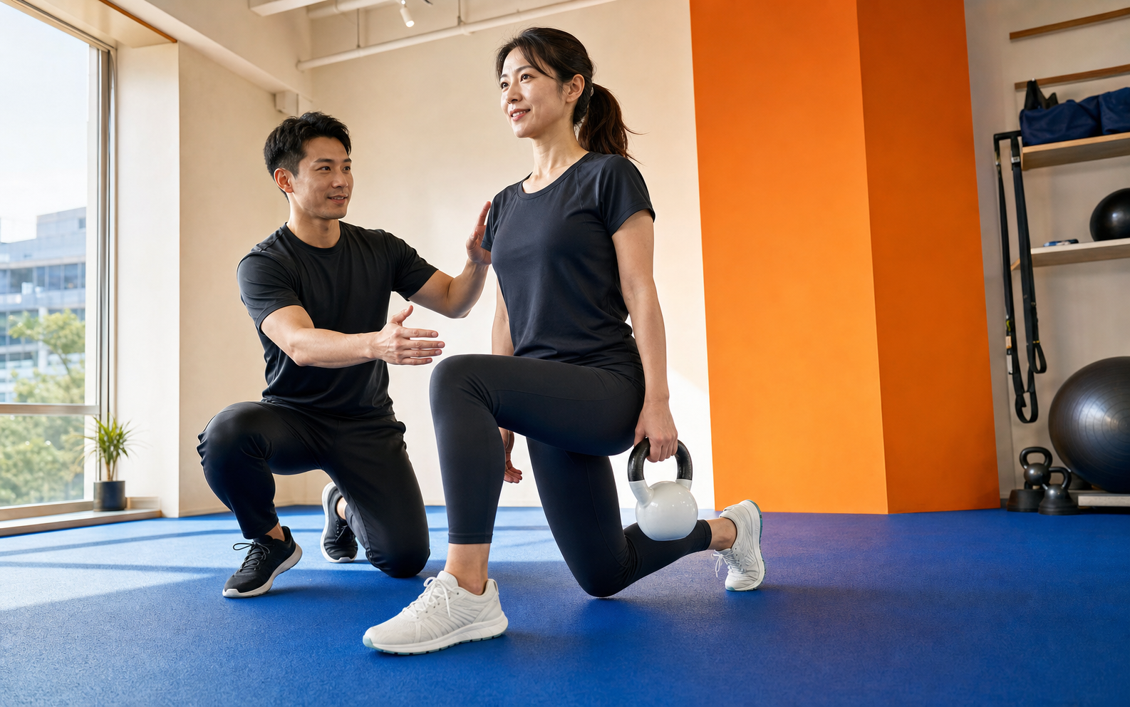 明るいスタジオでトレーナーとランジに取り組む女性