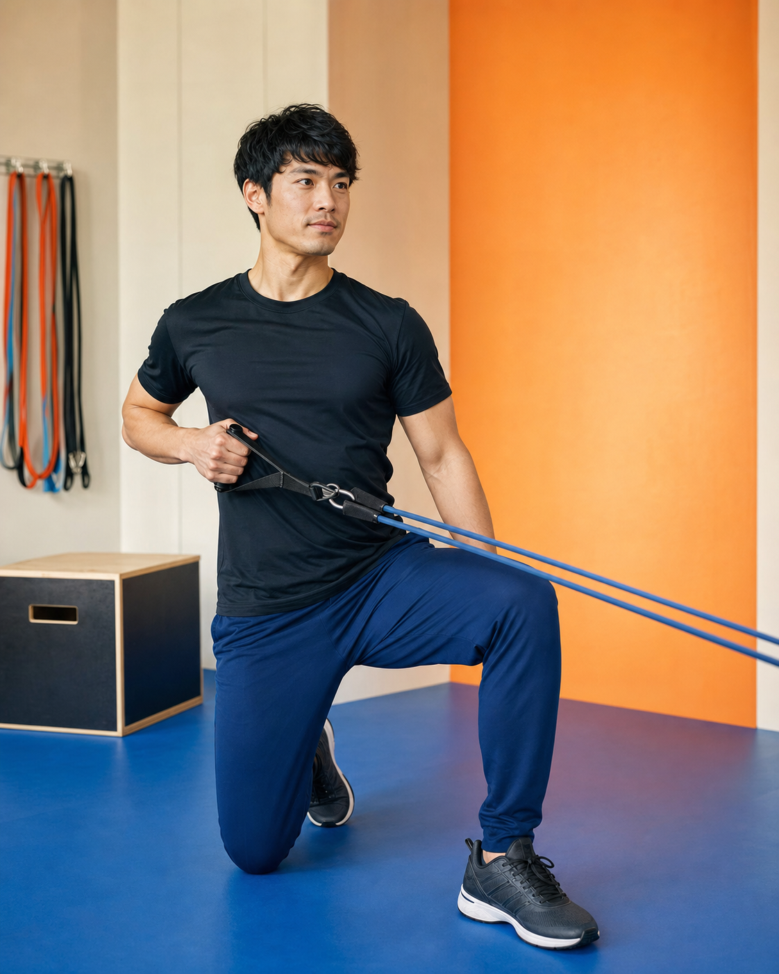 レジスタンスバンドの動きを実演するトレーナーRyo