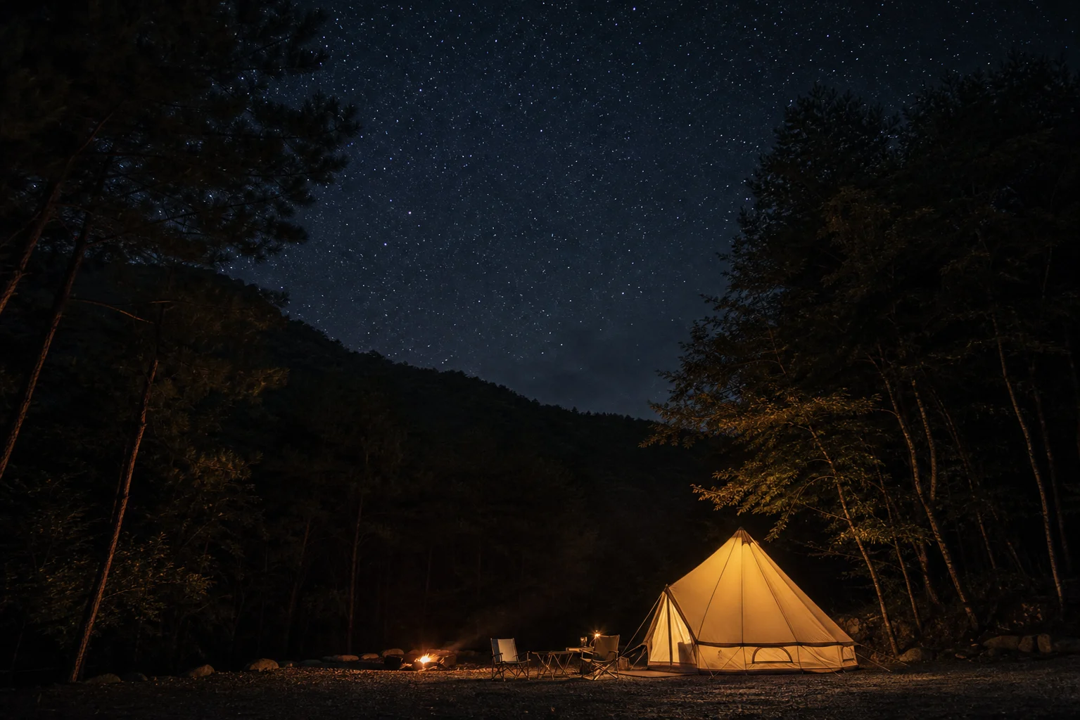 星空が広がる夜のキャンプフィールド