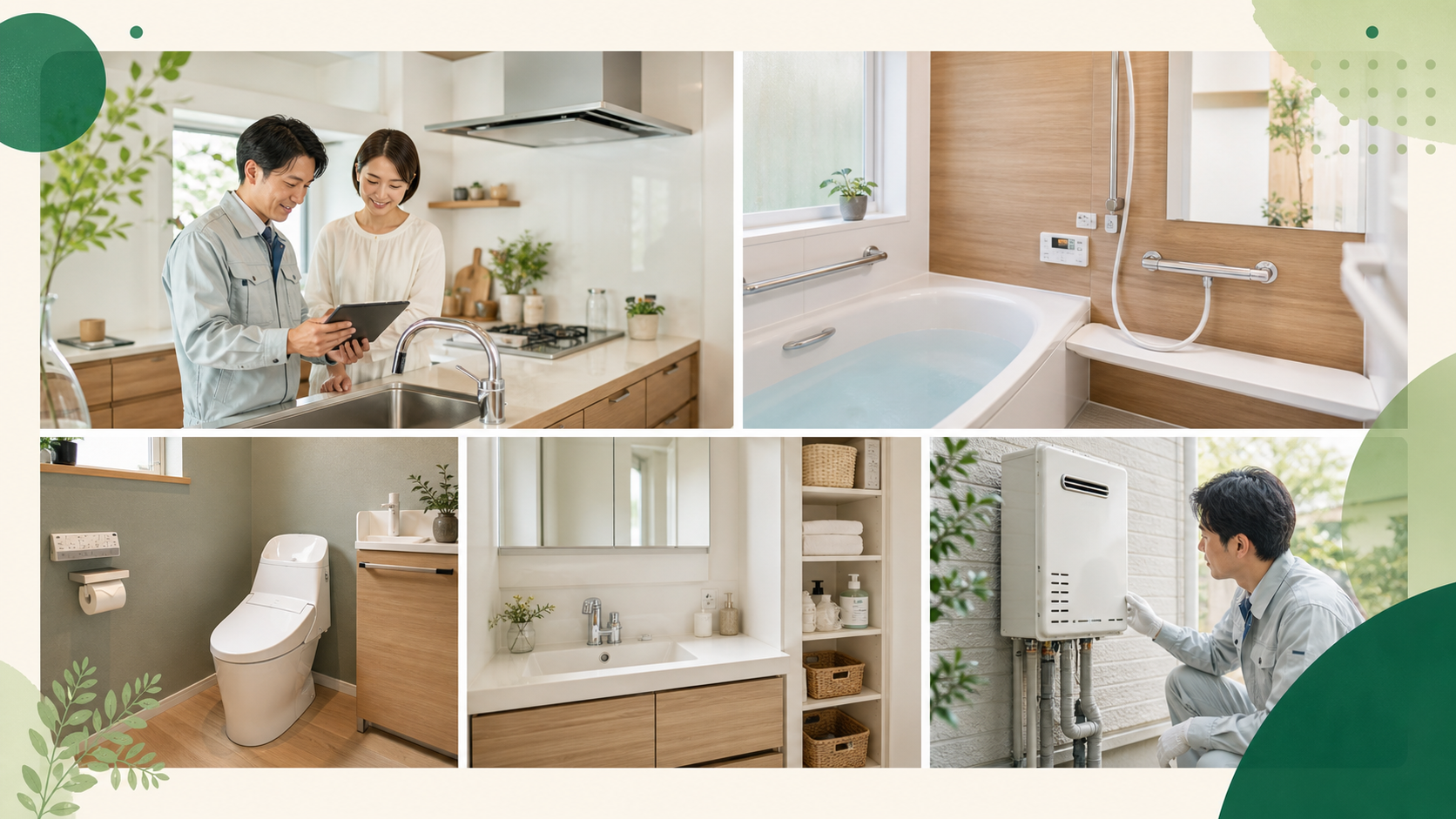 キッチン、浴室、トイレ、洗面台、給湯器のサービスイメージ
